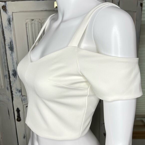 Topshop White Ivory Cold Shoulder Short Cap Sleeves Crop Zipper Back Top Size 0 - Picture 5 of 15